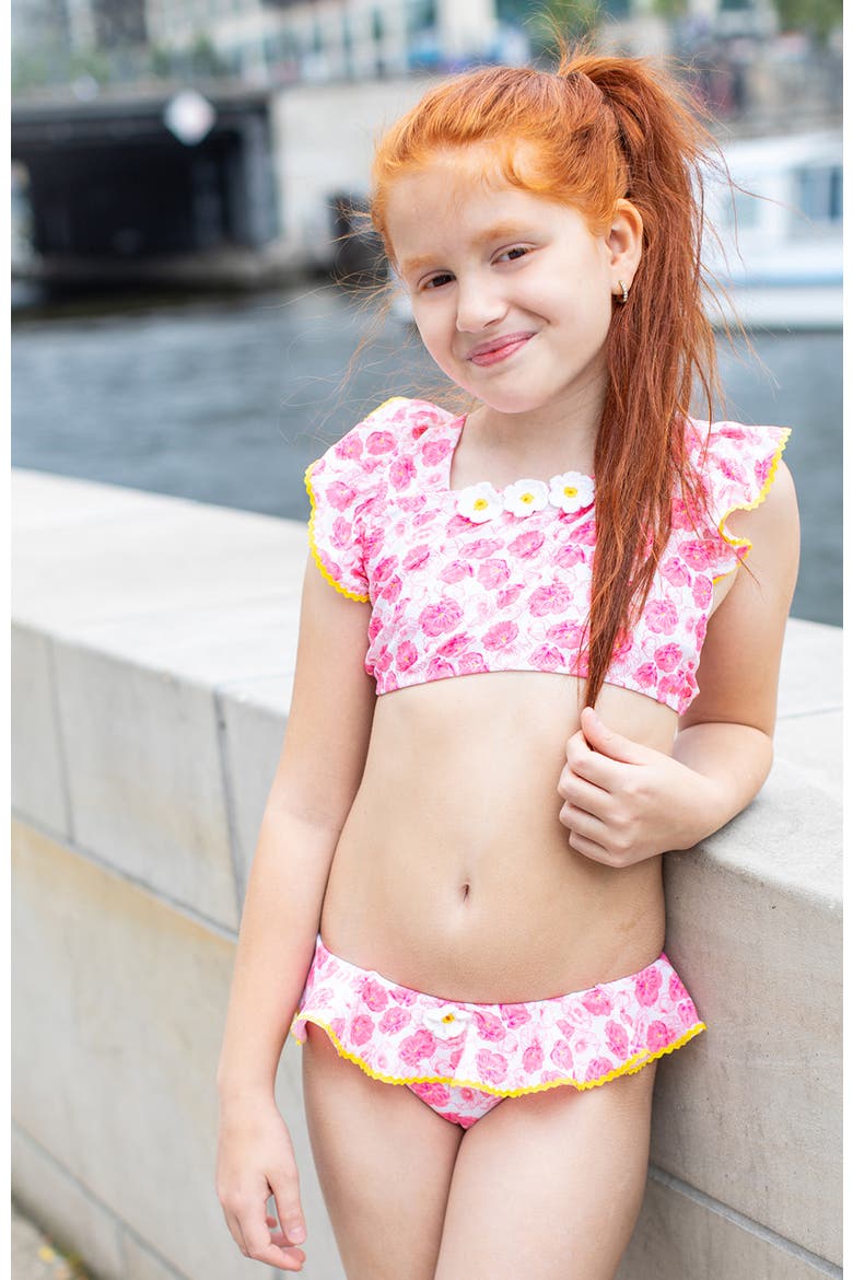 Floral Ruffle with 3D Crochet Flowers Two Piece Bikini, Alternate, color, Pink