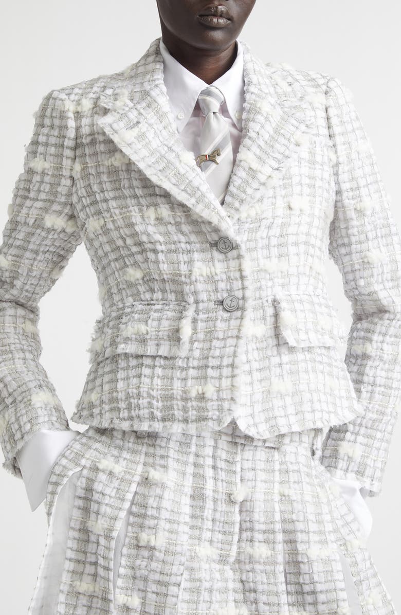 Thom Browne Crop Sculpted Shoulder Pouf Tweed Jacket, Alternate, color, Medium Grey