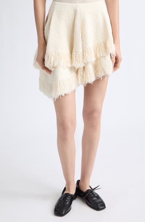 Knotted Fringed Tweed Miniskirt