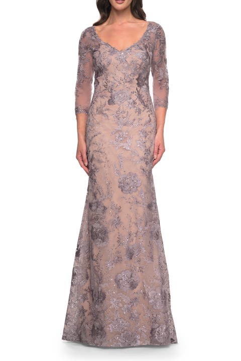 Long Fitted Lace Dress with V Neckline and Sheer Sleeves
