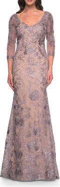 La Femme Long Fitted Lace Dress with V Neckline and Sheer Sleeves