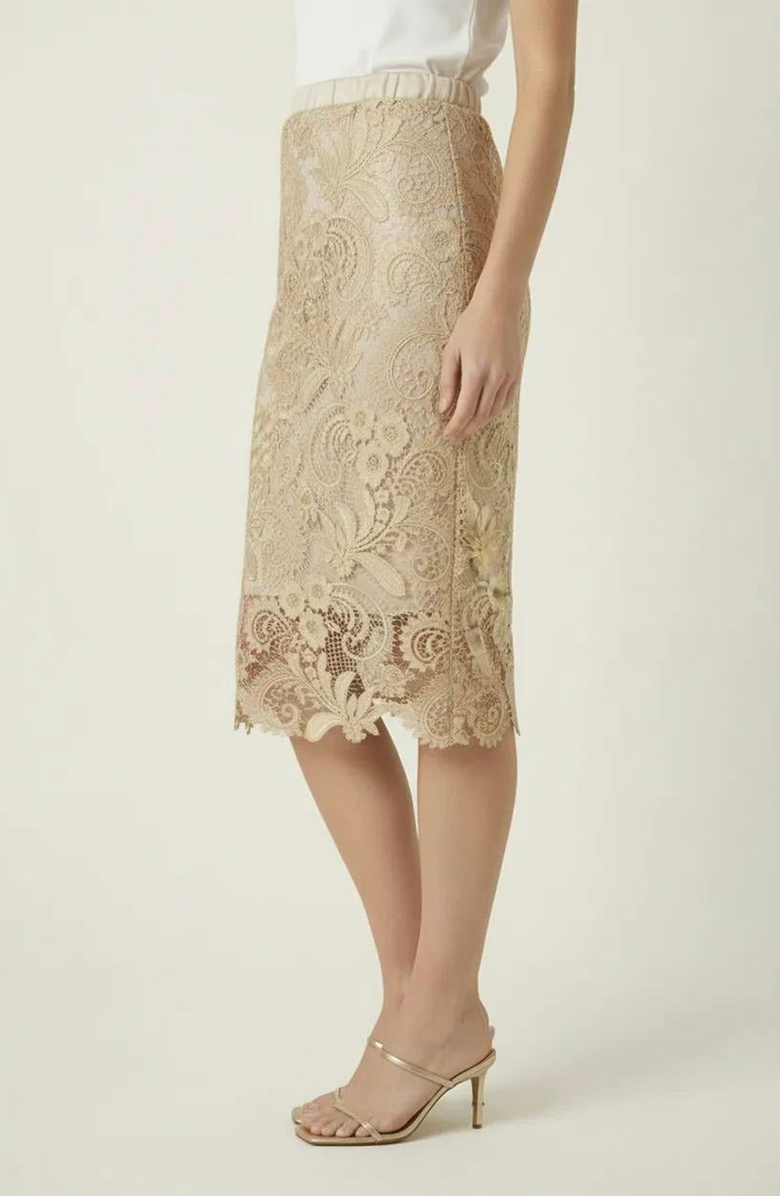 Modenaire Floral Pattern Scalloped Hem Lace Skirt, Alternate, color, Gold Finish
