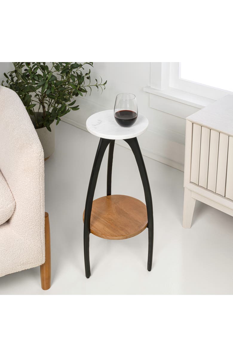 JONATHAN Y Ollie 24.5" Designer Farmhouse Metal Tripod Drink Table and Decorative End Table with White Marble Round Top and Wood Undershelf, Alternate, color, Black/Natural/White
