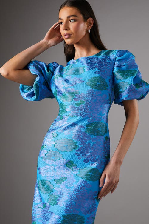 Coast Jacquard Floral Puff Sleeve Midi Dress In Blue