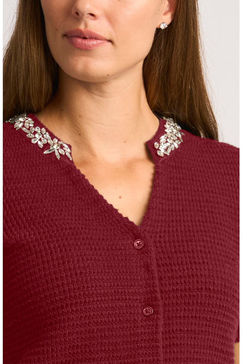 Embellished Short Sleeve Cotton Blend Cardigan, Alternate, color, CELOSIA RED
