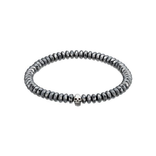 Jan Leslie Faceted Hematite Gemstone With Skull Stretch Bracelet In Gray