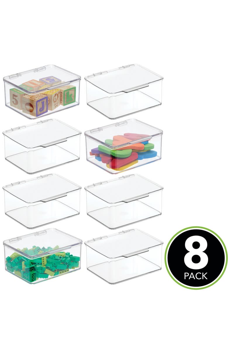 mDesign Plastic Playroom/Gaming Storage Organizer Box, Hinge Lid, 8 Pack, Alternate, color, Clear