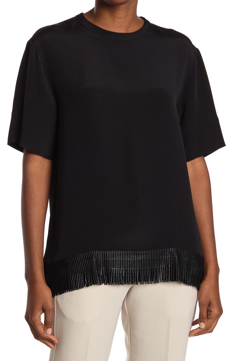 Akris Fringe Trim Back Zip Silk Top, Main, color,