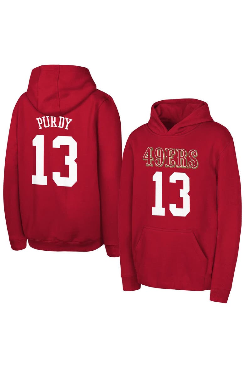 Youth Outerstuff Brock Purdy Scarlet San Francisco 49ers Mainliner Player Name & Number Hoodie, Main, color, Scarlet