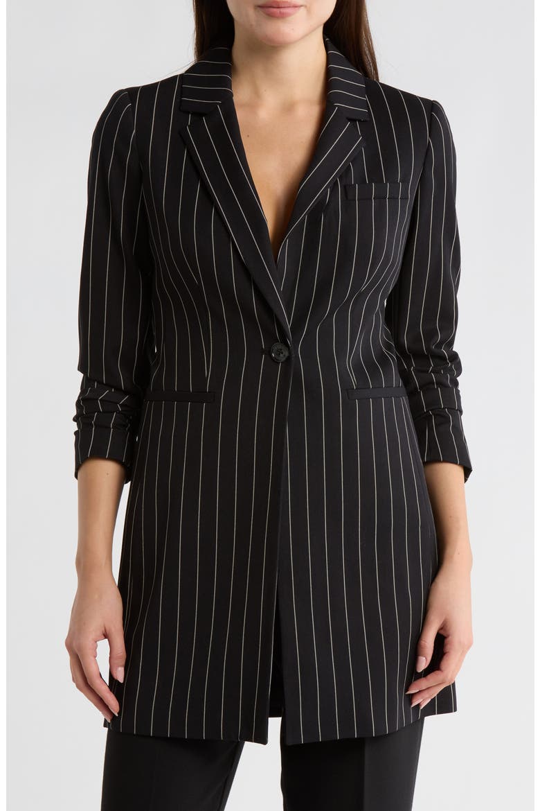 Wall Street Pinstripe Longline Blazer, Main, color, NAVY/ TAN