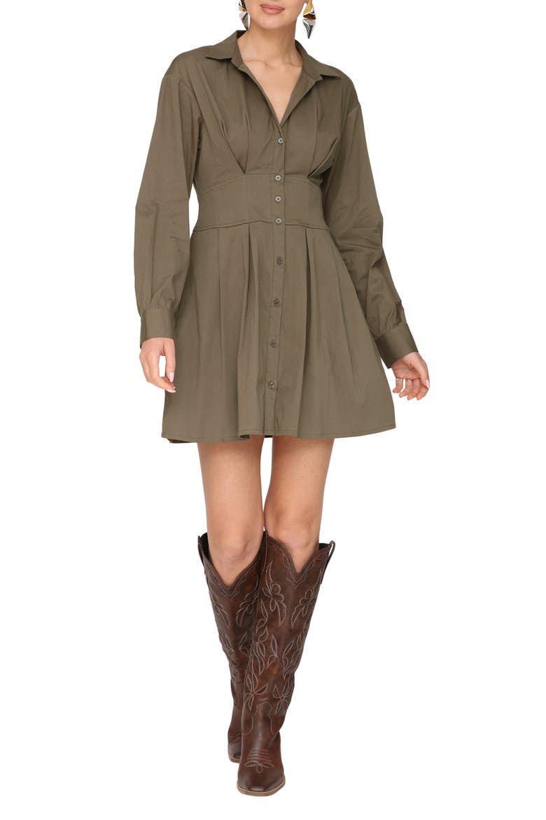 Corseted Long Sleeve Shirtdress, Main, color, BAYLEAF