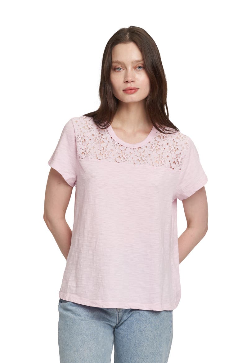 Easy Short Sleeve Crew Lace Yoke, Main, color, Blossom