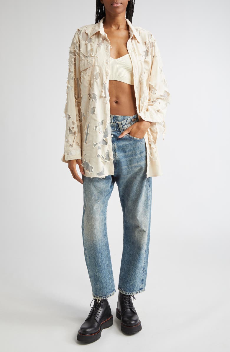 R13 Ripped Button-Up Shirt, Alternate, color, Beige