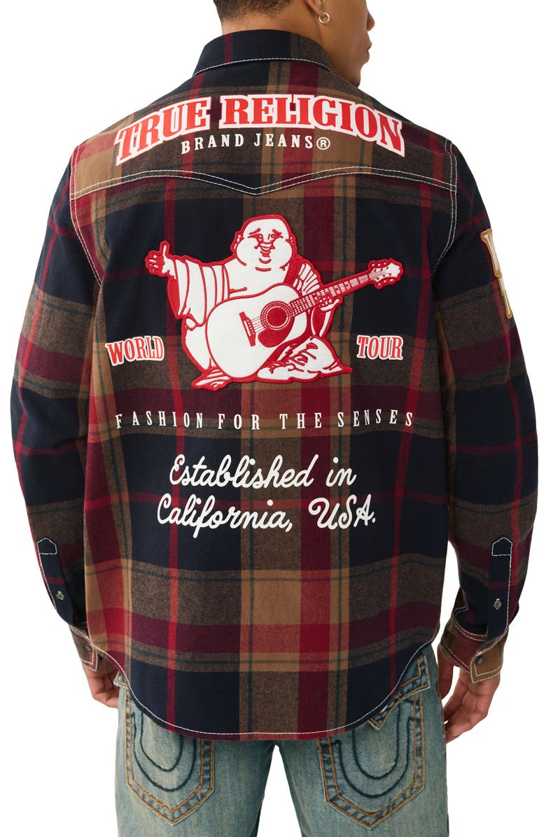 True Religion Plaid Big T Western Snap-Up Shirt, Alternate, color, Blue / Tan / Red
