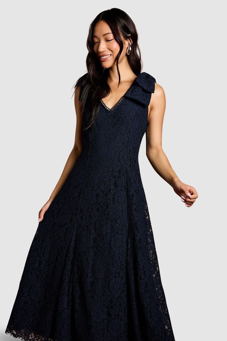 Bow Shoulder V Neck Lace Midi Dress, Alternate, color, Navy