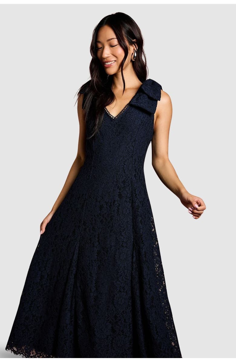 Coast Bow Shoulder V Neck Lace Midi Dress, Alternate, color, Navy