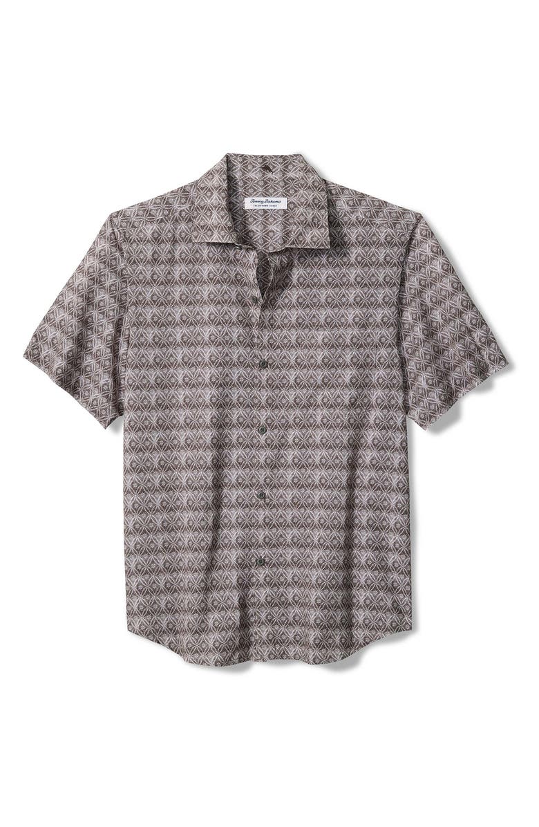 Tommy Bahama Bahama Coast Tile Isle Geo Print IslandZone<sup>®</sup> Short Sleeve Button-Up Shirt, Main, color, Black