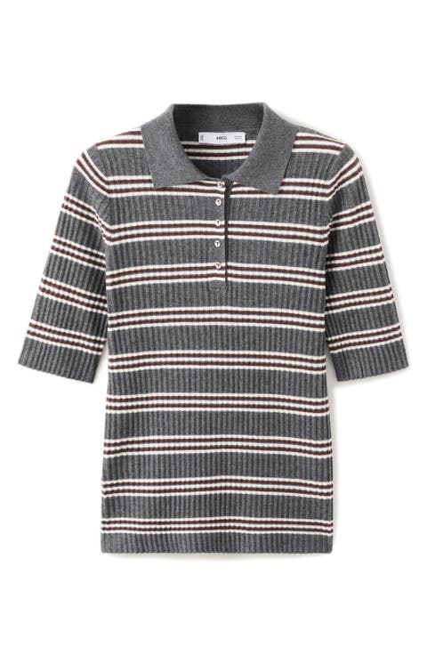 Stripe Elbow Sleeve Rib Sweater Polo