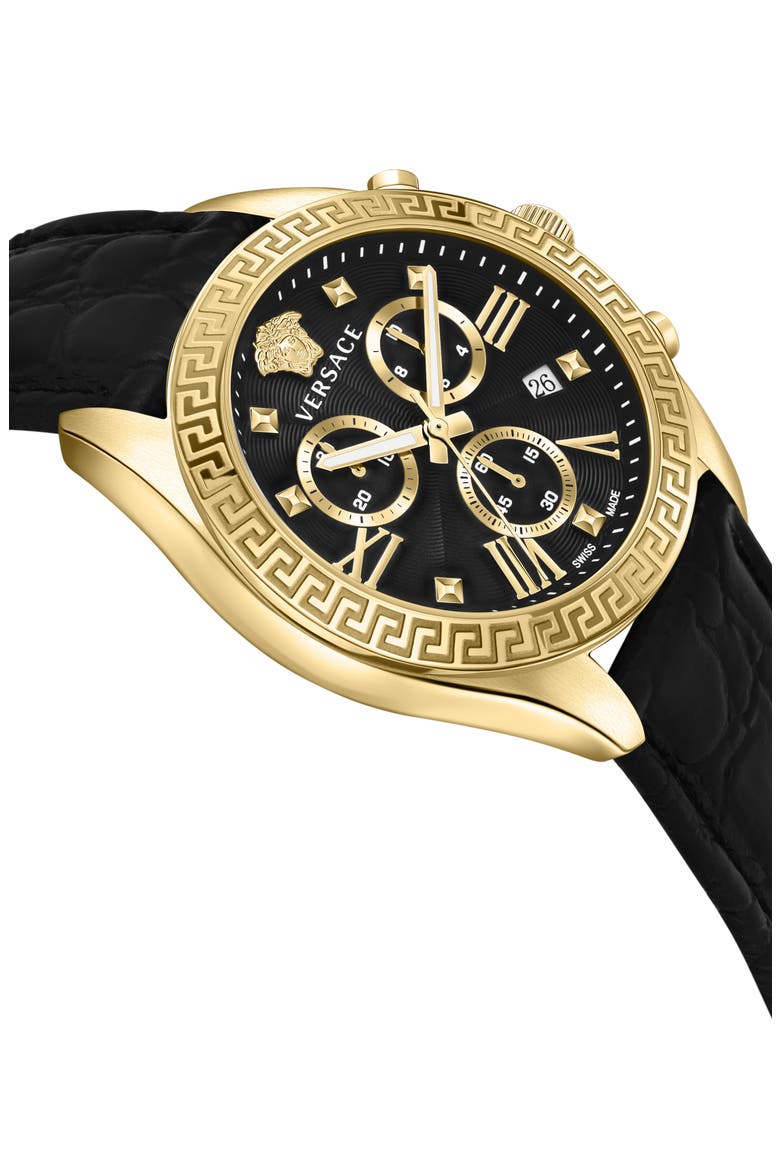 Greca Chronograph Leather Strap Watch, 40mm, Alternate, color, GOLD