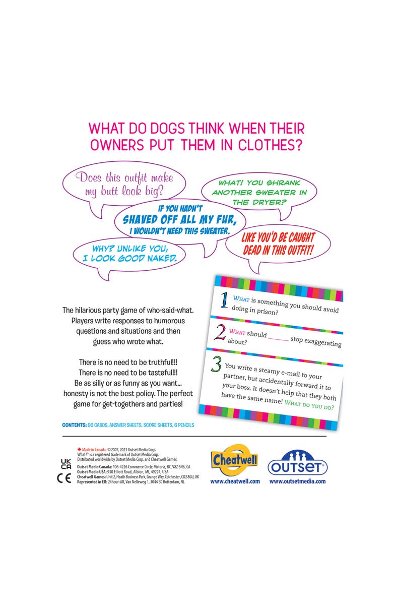 Outset Media What? Party Game, Answer Silly Questions
Guess Who Said What, 14+, Alternate, color, Multicolored