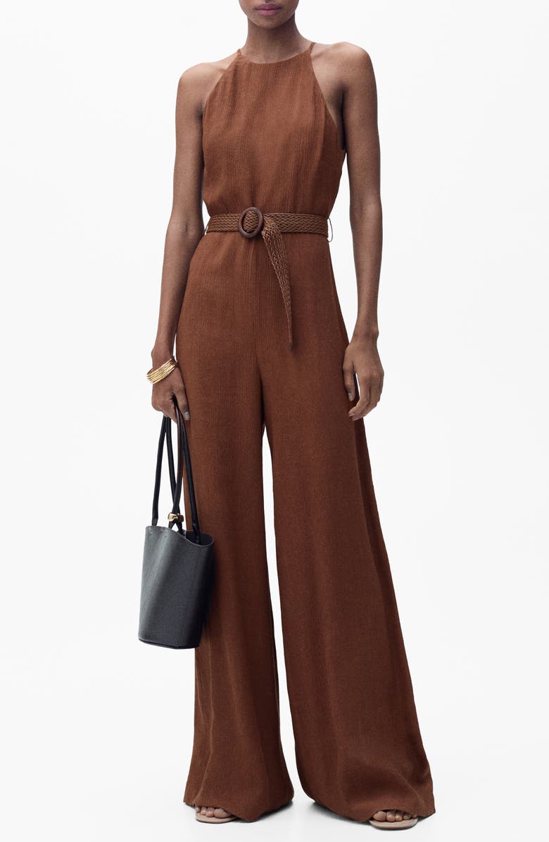 MANGO Belted Wide Leg Jumpsuit, Main, color, 