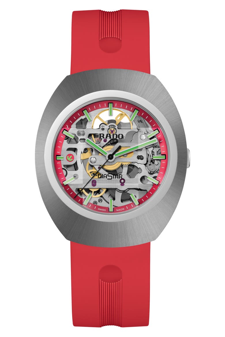 DiaStar Original Skeleton Automatic Rubber Strap Watch, Main, color, RED ANNULAR SKELETON