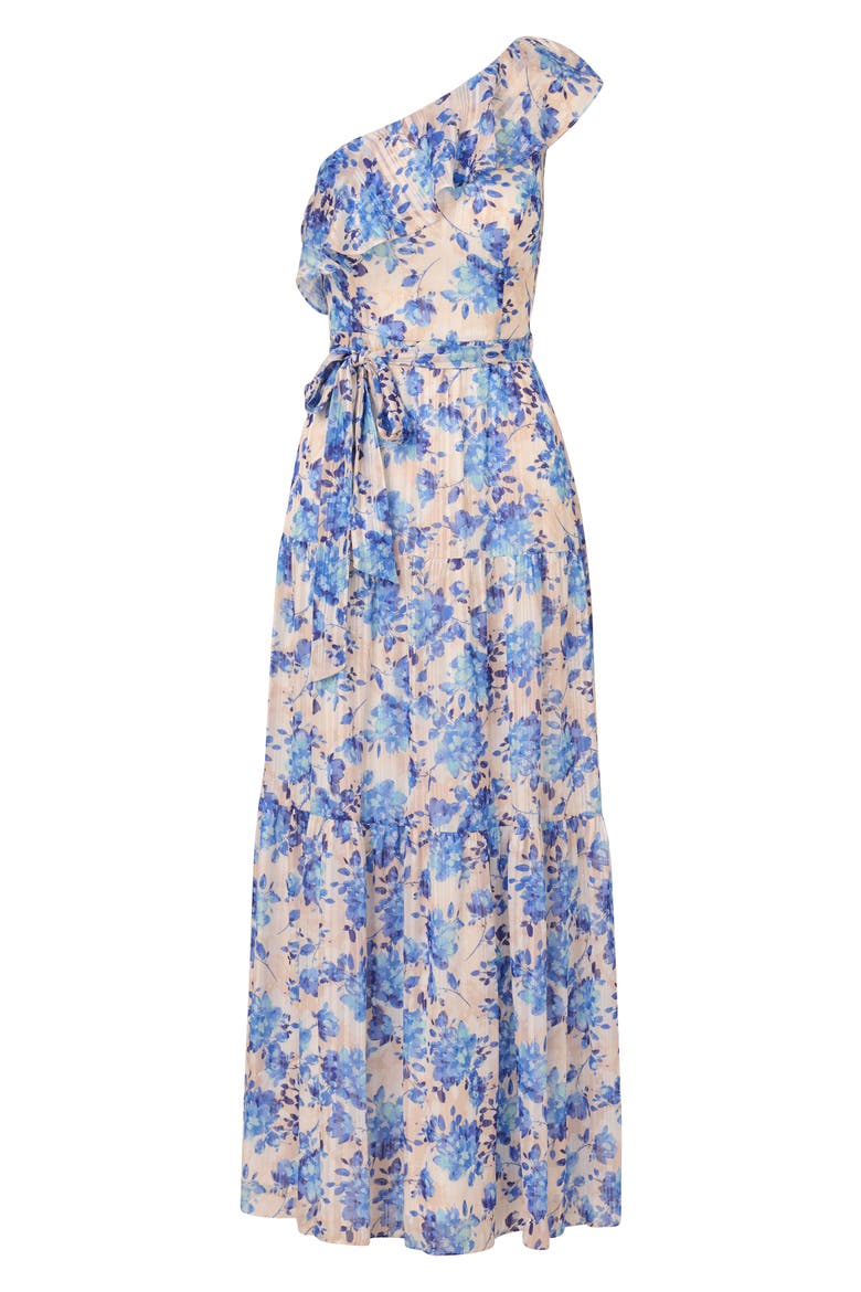 Metallic Ruffle One-Shoulder Maxi Cocktail Dress, Alternate, color, CHAMPAGNE/ BLUE MULTI