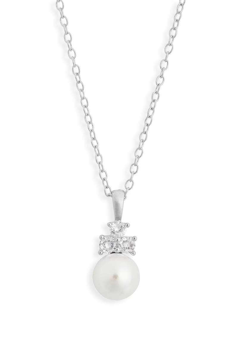 NORDSTROM RACK 8mm Faux Pearl & CZ Pendant Necklace, Main, color,