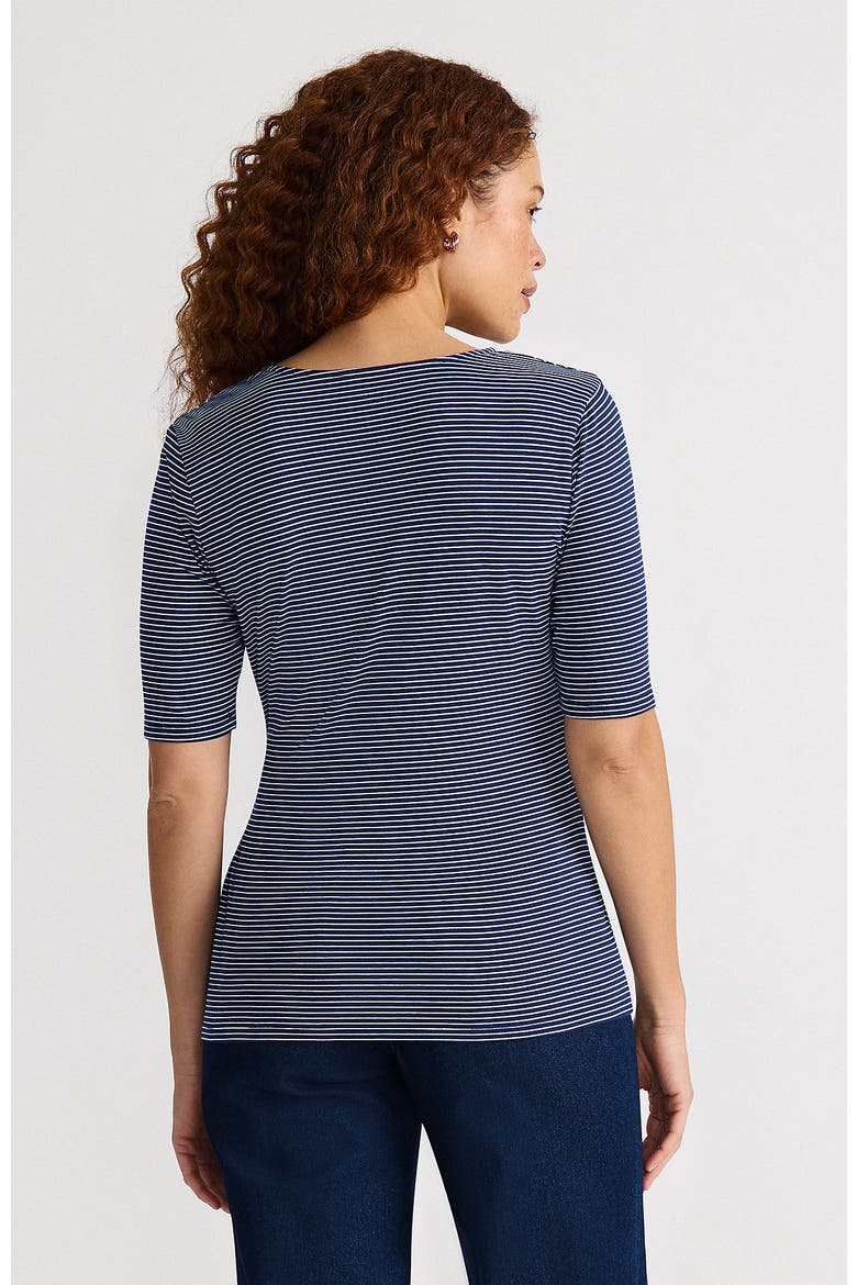 Elbow Sleeve Lightweight Jersey Side Tie Blouse, Alternate, color, Deep Sea Navy Tiny Stripe