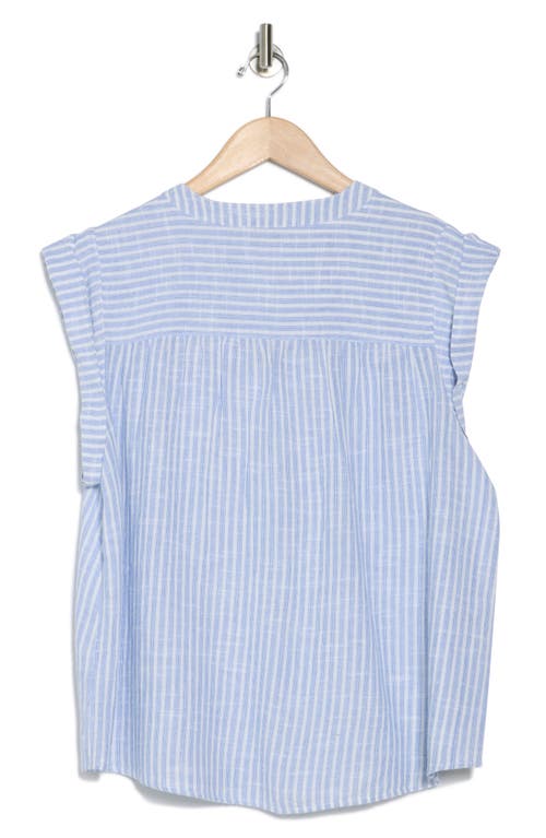 Democracy Stripe Ruffle Front Cap Sleeve Poplin Top In Navy/off White
