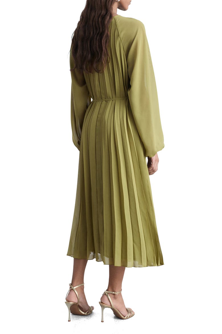 Pleated Long Sleeve Belted Dress, Alternate, color, OLIVE GREEN