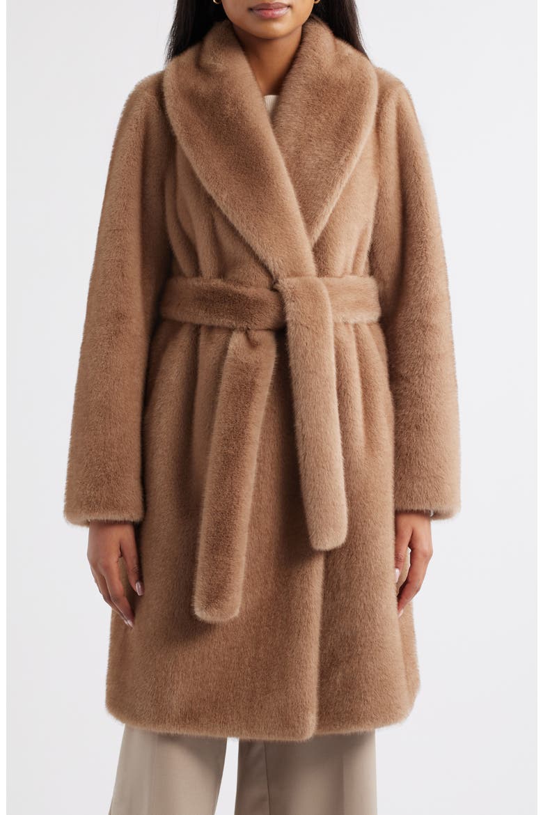 Faux Fur Belted Coat, Main, color, CAMEL