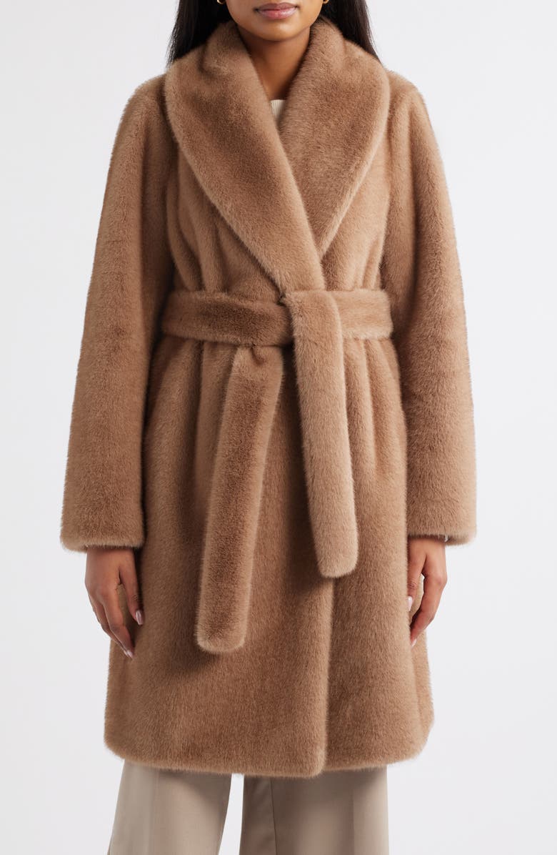 Michael Kors Faux Fur Belted Coat, Main, color, Camel