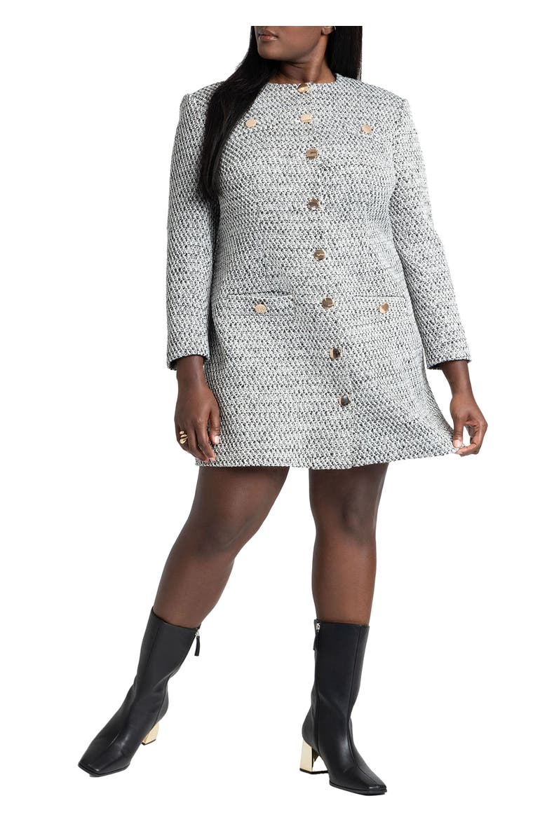 ELOQUII Tweed Long Sleeve Mini Dress, Main, color, Black White