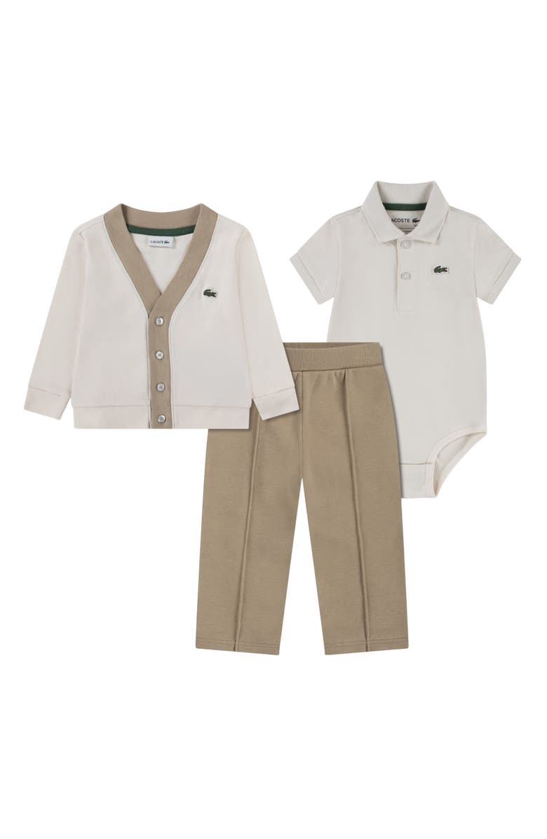 Lacoste Cardigan, Pants & Bodysuit Set, Main, color, Laponie