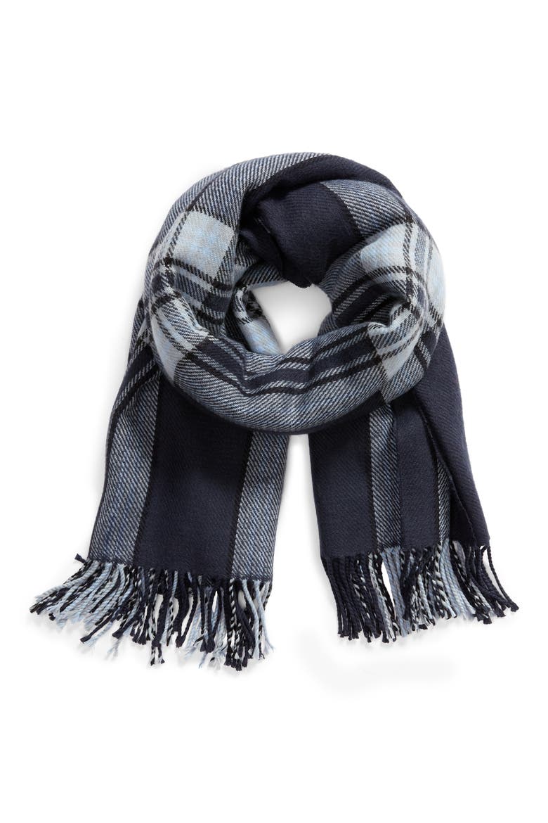 Plaid Fringe Blanket Scarf, Alternate, color, NAVY COMBO