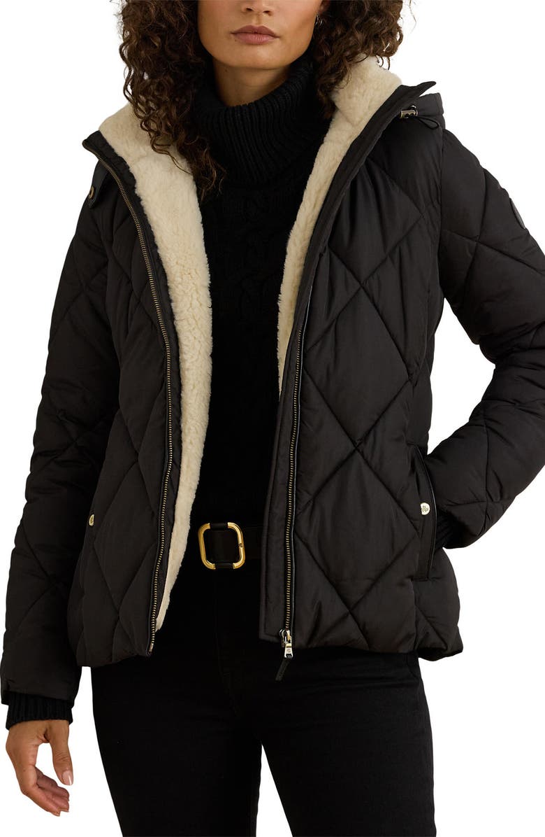 Lauren Ralph Lauren Diamond Puffer Coat with Faux Shearling Lining, Main, color, Black