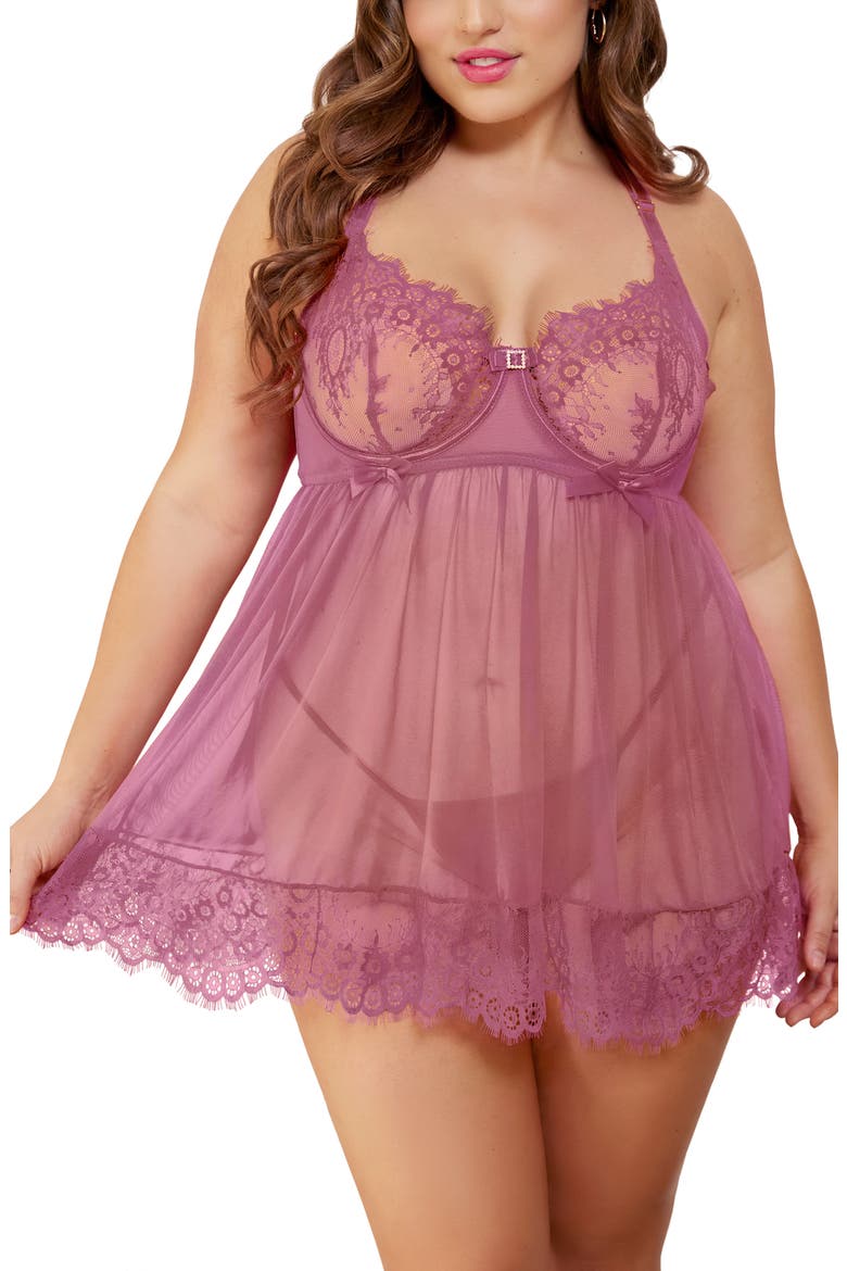 Lace Babydoll Chemise & G-String, Main, color, MAUVE