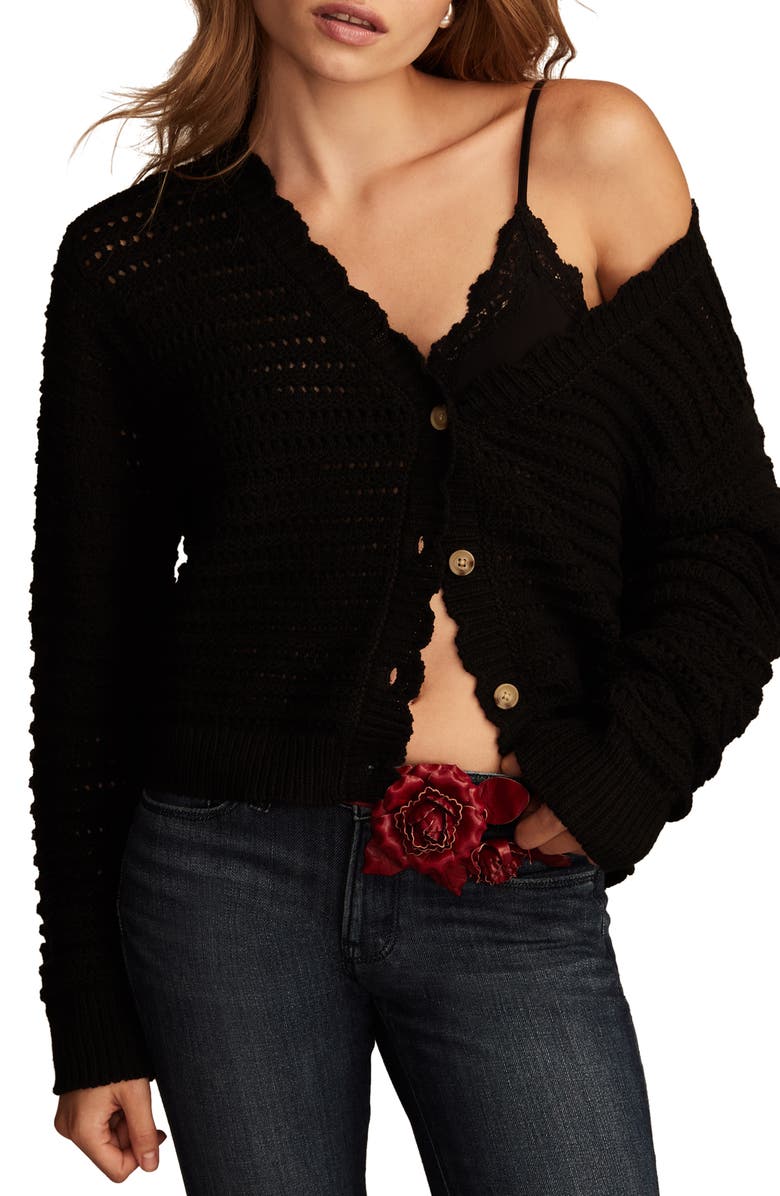 Lucky Brand Scallop Pointelle Cardigan, Main, color, Dark Black