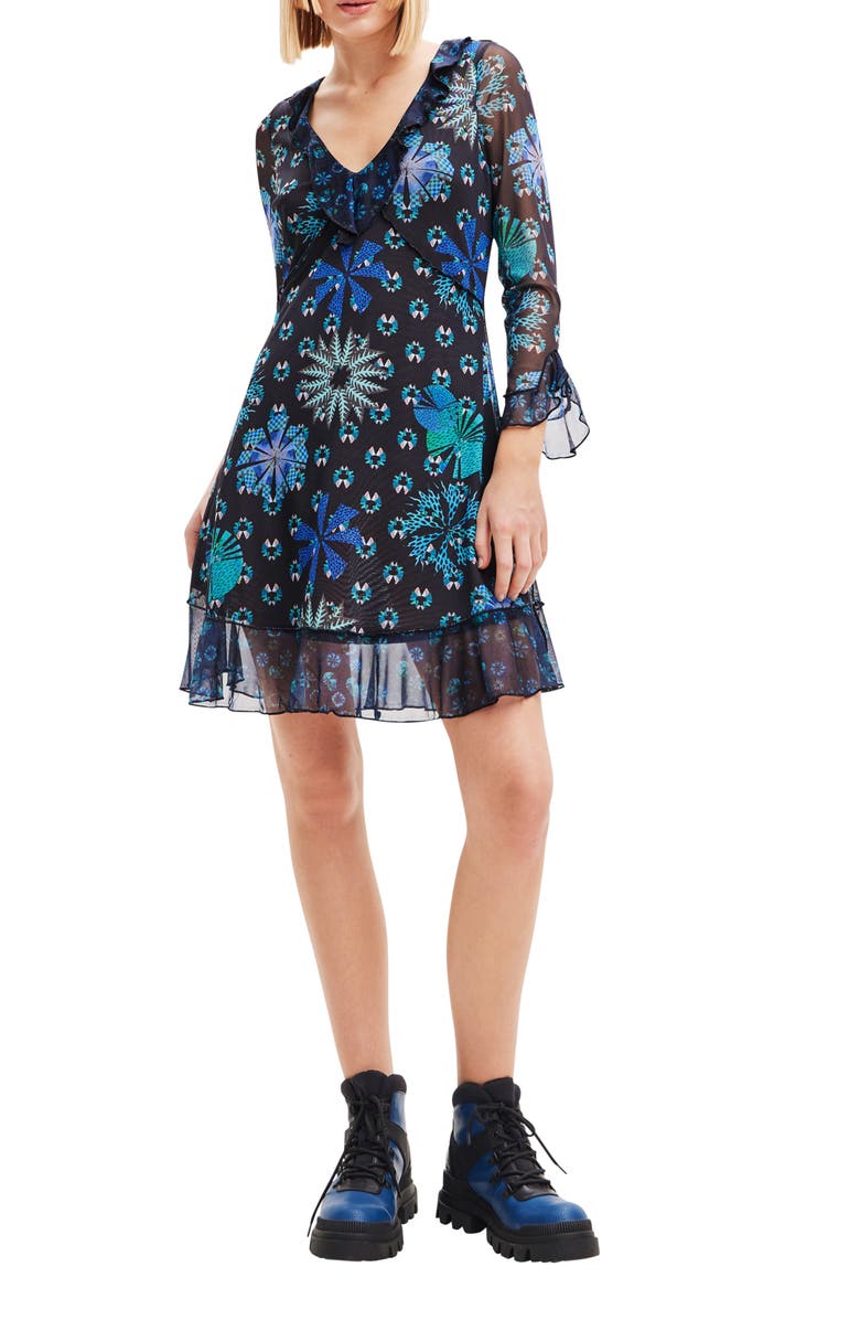 Desigual Print Ruffle Mesh Minidress, Main, color, 