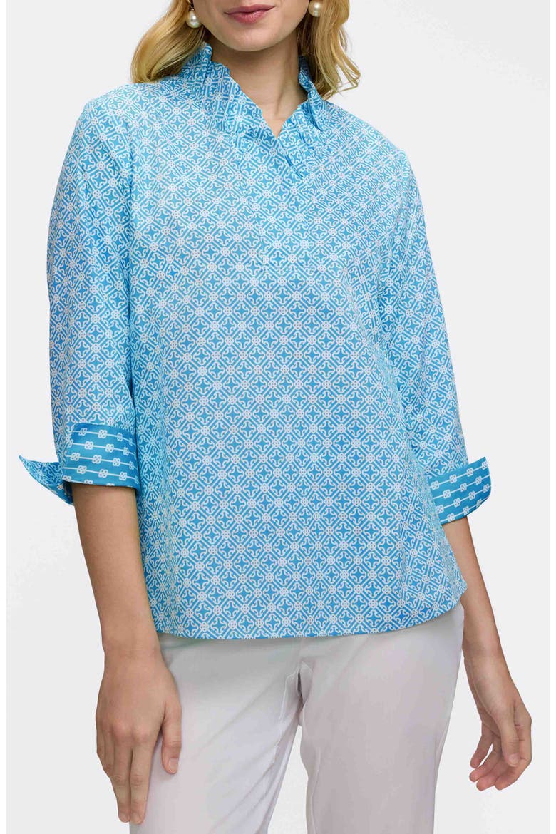 Tammy Geo Lattice Print Ruffle Collar Top, Main, color, BLUE/ WHITE