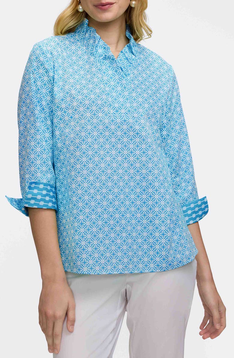 Foxcroft Tammy Geo Lattice Print Ruffle Collar Top, Main, color, Blue/ White