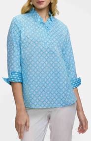 Foxcroft Tammy Geo Lattice Print Ruffle Collar Top