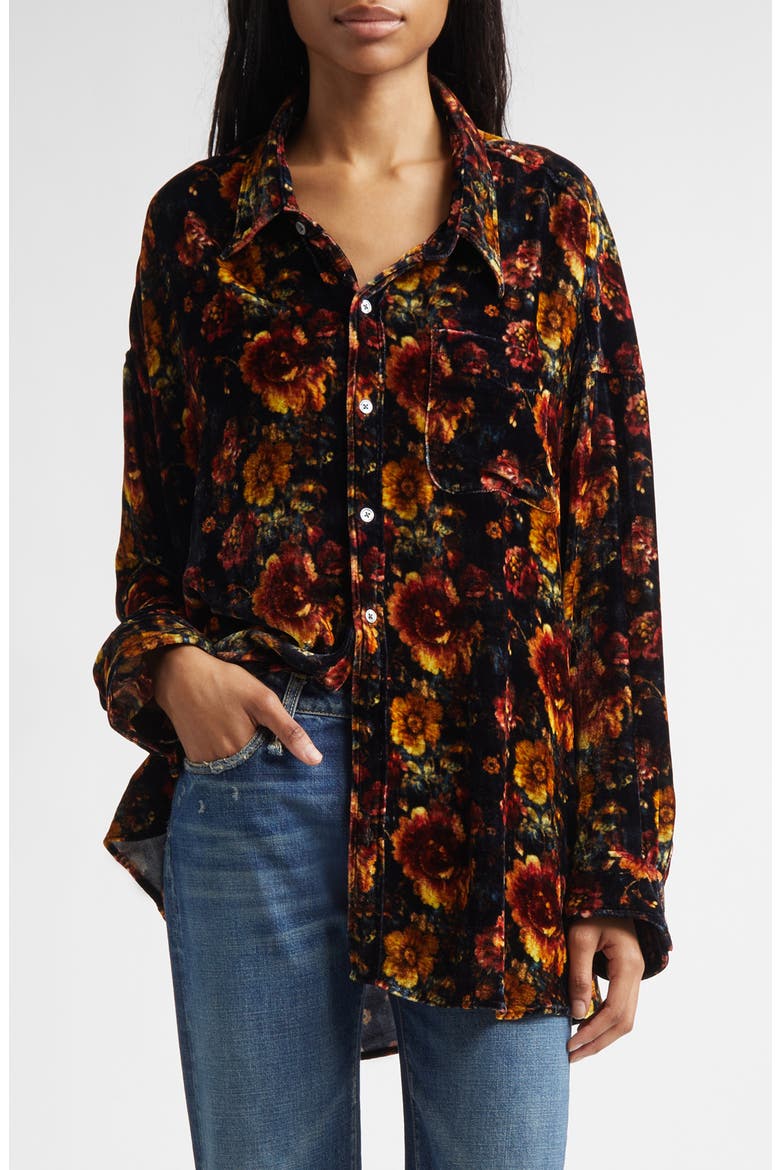 Oversize Floral Drop Neck Velvet Button-Up Shirt, Main, color, ORANGE MULTI FLORAL