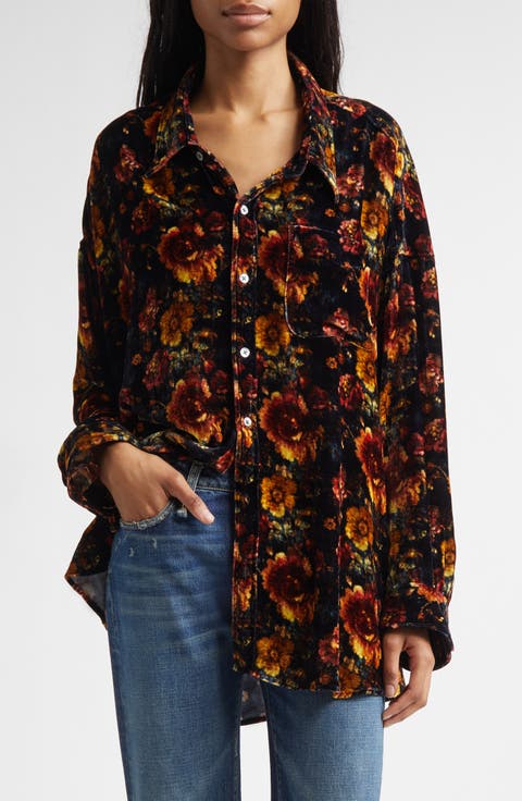Oversize Floral Drop Neck Velvet Button-Up Shirt