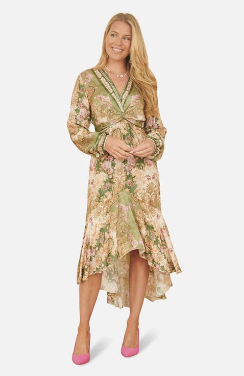 Viscose Scarf Print Tie Front Midi Dress