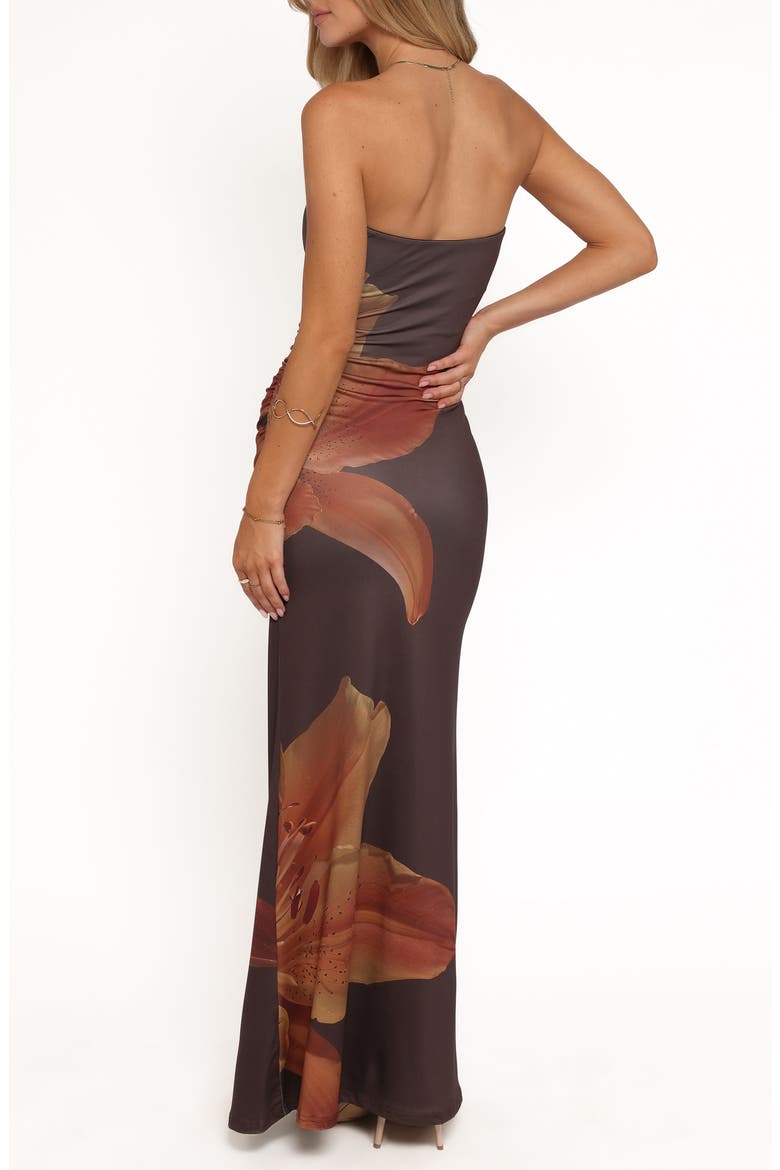 Ginny Floral Print Ruched Strapless Maxi Dress, Alternate, color, BROWN
