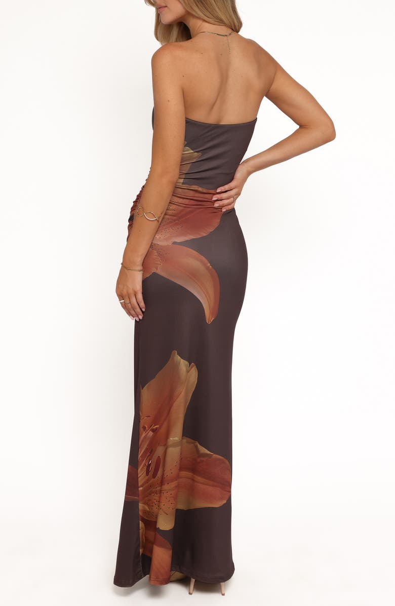 Petal & Pup Ginny Floral Print Ruched Strapless Maxi Dress, Alternate, color, Brown