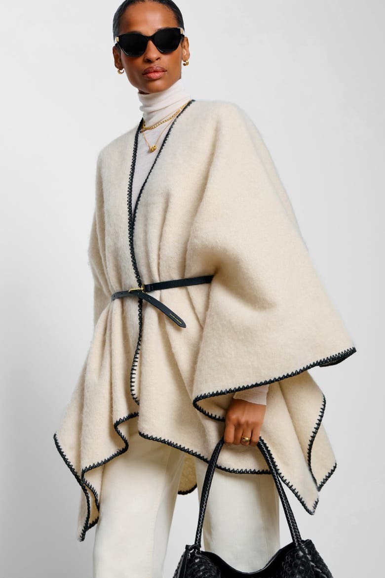 Whipstitch Blanket Cape with Belt, Alternate, color, Cream
