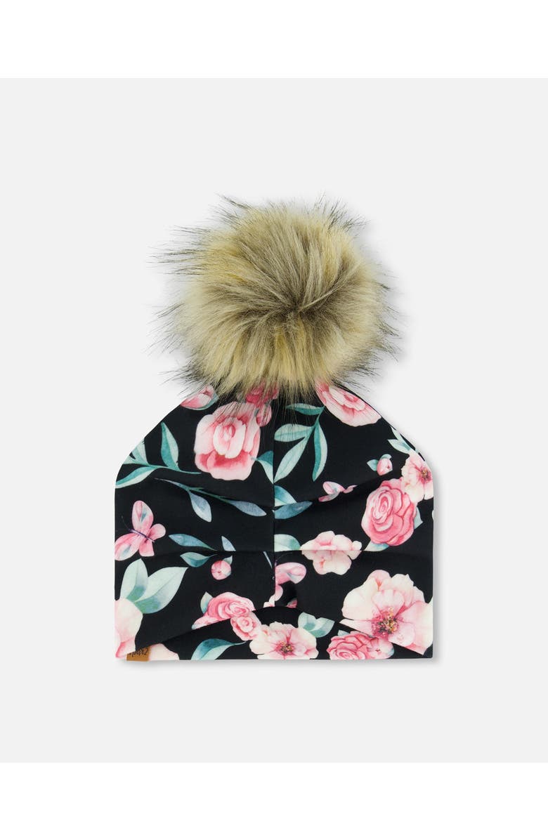Deux par Deux Baby Girl's Printed Jersey Detachable Pompom Hat Pink, Black, And Flowers, Alternate, color, 